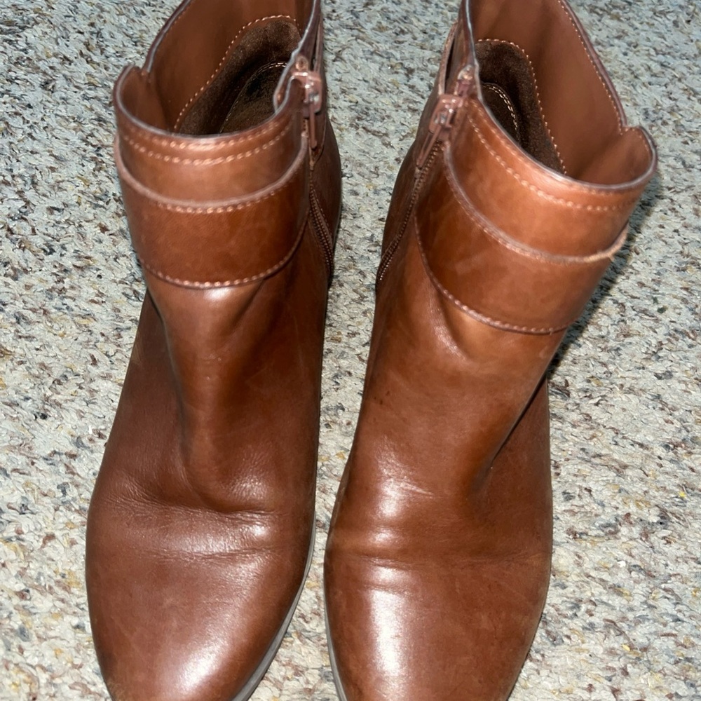 Anne Klein brown leather boots with gold strap and slight, cute heel